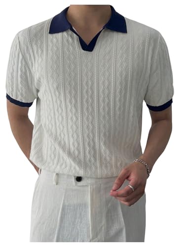 Men's Textured Short Sleeve Knit Top Sweater Lapel Collar V Neck Pullover Sweaters