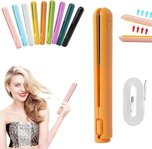 Lifesunny Mini Dual-Purpose Curling Iron, Mini Dual Purpose Curling Iron Cordless, Mini Curling Iron for Short Hair, Mini Hair Straightener and Curler 2 in 1, Portable Hair Straightener (Orange)