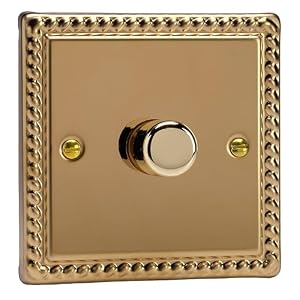 HG3 Varilight V-Dim (Standard) Series 1 Gang (Single), 1 or 2 Way, Push on/off, 400 Watt Rotary Dimmer, Classic Georgian Polished Brass Coated Finish