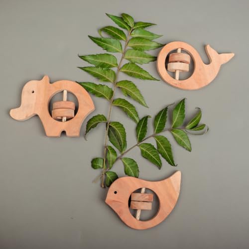 Image of Natural Neem Wood Baby Teether - Handmade Animal Shape Wooden Toy - Non-Toxic, Organic Chew Aid for Teething - Safe for Gums - Biodegradable, Eco-Friendly Gift for Infants & Toddlers (Neem Wood Baby Teether Set -3)