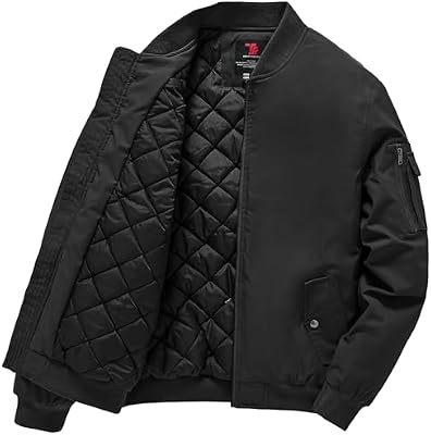 Gopune Men's Windproof Bomber Jacket – Warm, Water‑Resistant Quilted Winter Coat – Black, XL