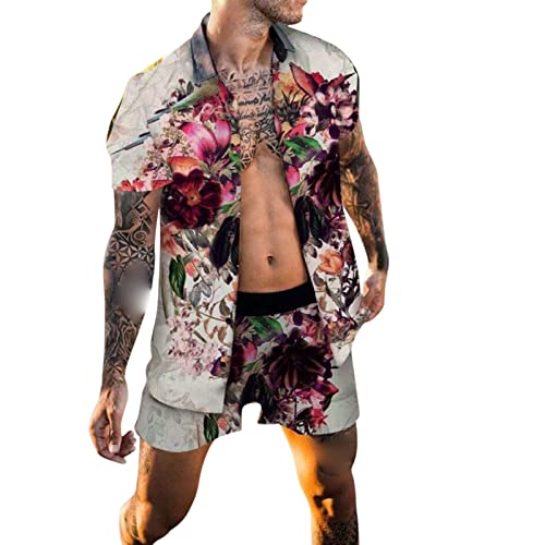JUNGE Hawaii Print matching tropical outfits for couples,mens two piece sets,2 piece mens outfits,2 piece outfits,two piece wine