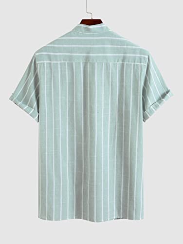 Zaful Men Linen Henley Striped Shirt Half Buttoned Casual Striped Office Shirt Green S #TOP2