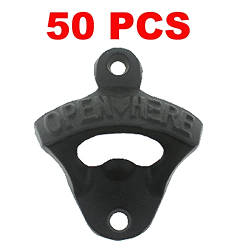 Luwanburg 50Pcs Black Cast Iron Beer Bottle Opener Wall Mounted Beer Cap Opener Bulk Open Here For Wood Diy Man Cave #TOP1