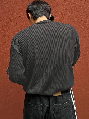 Image of Men's Textured Fabric Solid Color Basic Half-Open Collar T-Shirt, Fall Long Sleeve Men Shirt | Tshirt for Men