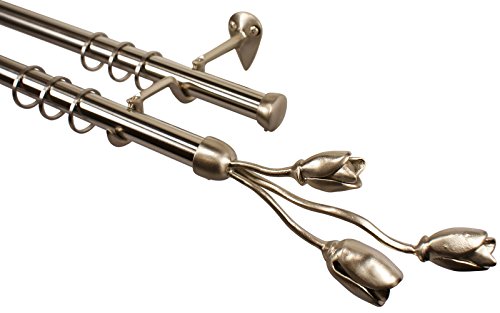 Design Gardinenstange 2-läufig aus Edelstahl und Messing vernickelt 20 mm Durchmesser Endstück Blüte, 280 cm (2 x 140 cm)