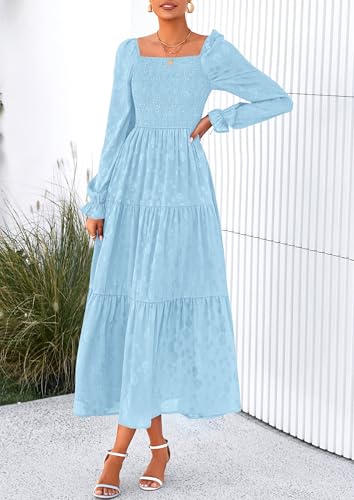 PRETTYGARDEN Wedding Guest Dresses for Women Floral Long Sleeve Smocked Tiered Elegant Long Flowy Boho Dress (Light Blue,XX-Large) — view 3