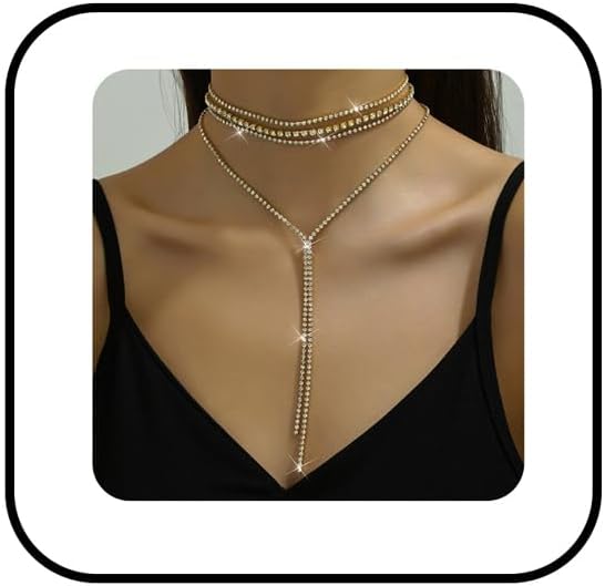 PINK TOWN Rhinestone Layered Choker Necklaces for Women Bohemian Crystal Long Y-Necklaces Boho Long Pendant Statement Necklaces for Wedding Bride Bridesmaids