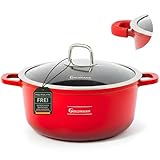 GOLDMANN Premium Gussaluminium Kochtopf 24 CM – 4.5 L – Modern Rot – Keramik-Marmor-Antihaft-Kasserolle mit Glasdeckel und Silikongriffen, geeignet für alle Herdarten inklusive Induktion & PFOA-frei