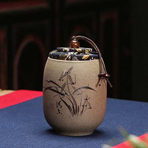 Yardwe Chinese Style Coarse Pottery Tea Tin, Vintage Loose Tea Storage Containers With Quaint Cloth Lid, Multifunction Sealed Canister/Tea Jar/Food Storage Containers (Orchid) #TOP3