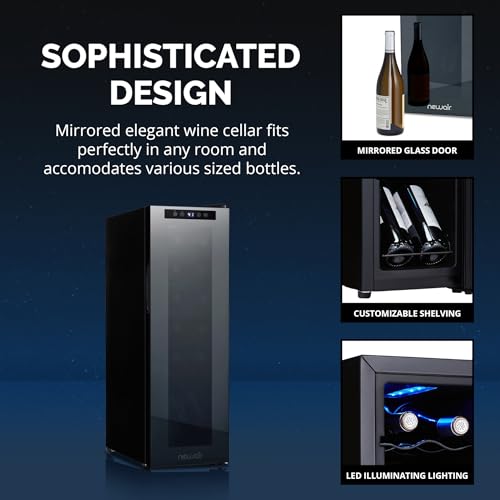 newair 12 bottle wine cooler refrigerator  shadow series  freestanding mirrored wine and beverage fridge with double-layer tempered glass door amp compressor cooling for reds whites amp sparkling wine