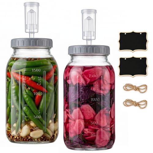 Gunolye 2-Pack 2L Glass Fermentation Jars with Water-Seal Airlock Lids, Wide-Mouth for Sauerkraut, Kimchi and Vegetables