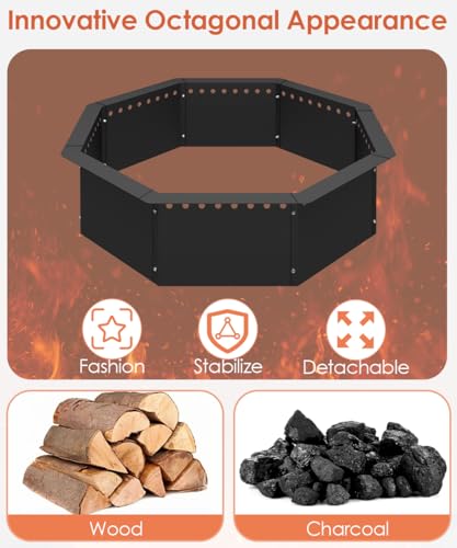 Mocomax Smokeless Fire Pit Ring 28-Inch Outer 24-Inch Inner Diameter, Large Solid Steel Firepit Liner for Outside Wood Burning, DIY Campfire Ring Above or In-Ground for Outdoor, Octagonal
