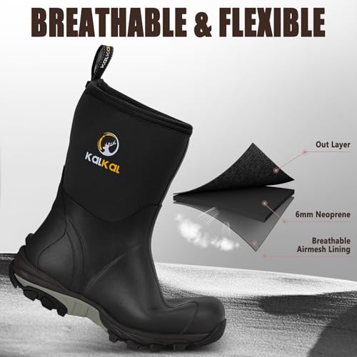 Kalkal Rubber Boots for Men, Waterproof Mid Calf Mens Rain Boots, 6mm Neoprene Insulated Mens Rubber Work Boots for Hunting Gardening Farming Fishing Mud Working, Size 7-143