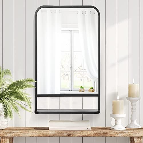 HOMCOM Square Wall Mirror with Storage Shelf, 86 x 53 Modern Mirrors for Bedroom, Living Room, Black