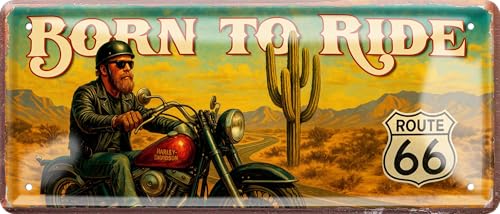 Blechschild ''Born too ride Route 66'' 28x12cm Geschenk Lustige Sprüche Feier Vintage Retro Geburtstag Deko Party Überraschung Fan Mechaniker Auto Motorrad Werkstatt
