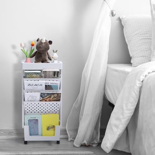 LIANTRAL 5-Tier Mobile Bookshelf with Wheels, Rolling Bookcase Book Storage Rack, Movable File Folder Organizer Cart for Office Classroom Home, White - Thumbnail 2