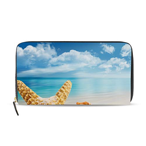 Portefeuille long cuir femme bleu ciel porte-cartes zippé motif étoile de mer coquillage