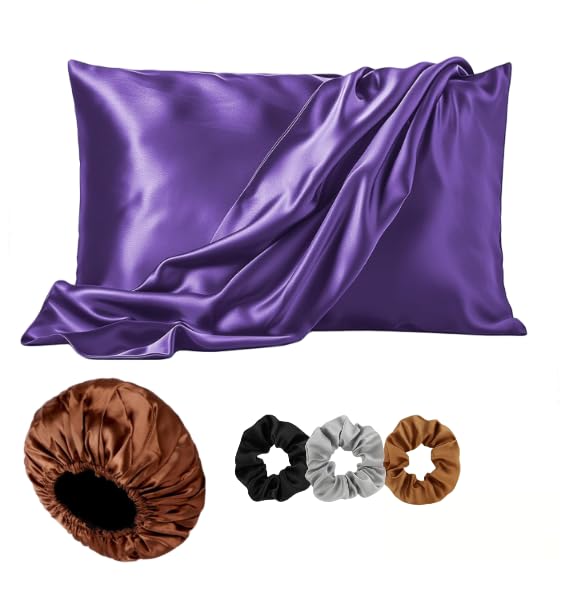 Image of Satin Pillow Cover with Silk Bonnet & 3 Premium Scrunchies - Hair & Skin Care Set for Women - Anti-Frizz Sleeping Combo - Gift Pack (Purple)