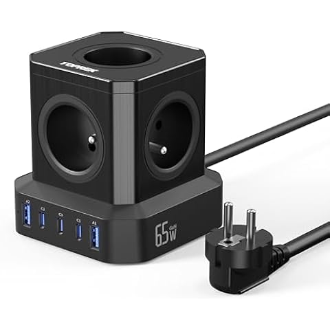 65W PD3.0 Multiprise USB Cube, TOPREK 10 en 1 Cube Rallonge Multiprise avec 5 Prises AC Fran&ccedil;aise(4000W/16A), 65W 5 Ports USB Charge Rapide GaN Tech Multiprise &Eacute;lectrique avec Interrupteur, 2M C&acirc;ble