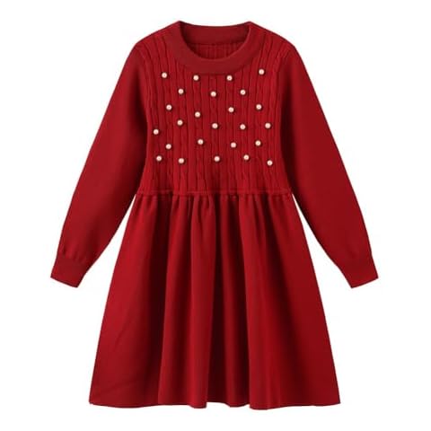 SIUULUZZ Girls Dress Sweater Long Sleeves Pearls Cable Knit Sweater Cute Winter Dresses(Red,6-7 Years) Cover