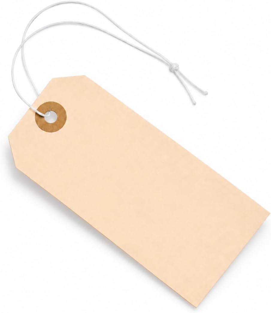 Tags with Elastic String Attached - #5, 4 3/4" x 2 3/8" Box of 200 Manila Paper Label Tags with Elastic Loop and Reinforced Hole