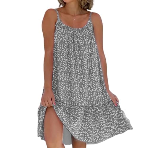 AELSON Women's Summer Casual Dress Floral Printed Sleeveless Mini Dress Spaghetti Strap Beach Dresses Gray