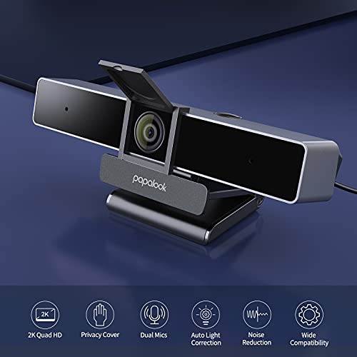 2022 Papalook 2K Ultra Hd Zoomable Webcam With Dual Microphone, Fixed Focus Web Camera With Tripod And Privacy Cover, 90° Wide-Angle View For Desktop/Laptop/Mac, Work With Skype/Zoom/Webex/Lync #TOP1