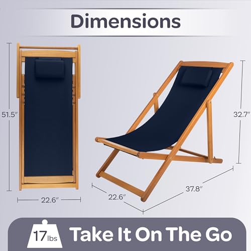 Beach Lounge Chair - Adjustable Height Reclining Sling Chair - Portable Wood Folding Chairs - Folding Lounge Chairs for Outside, Patio, Balcony, or Camping - Outdoor Furniture by Lavish Home (Blue) by Lavish Home - Image 6
