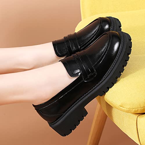 Image of Loafers for Women Black Leather Womens Loafers & Slip-Ons Chunky Penny Platform Classic Loafer Shoes Ladies Work Comfortable Business Casual Dressy Shoes