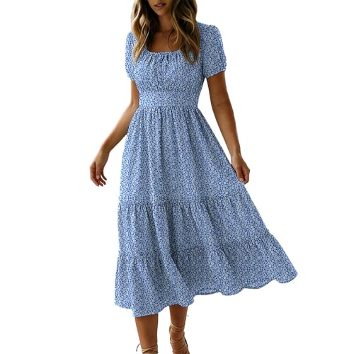 Image of Floral Print Casual Midi Dress for Women UK Elegant Ruched Square Neck Short Sleeve Smocked Waist Dresses Frills Ruffle Details Flowy Tiered Sundress Summer Holiday Beach Dress