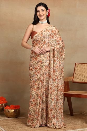 Image of MIRCHI FASHION Women Saree Floral Print Chiffon | Lightweight Festive Occasion Sari for Farewell and Functions with Unstitched Blouse Piece