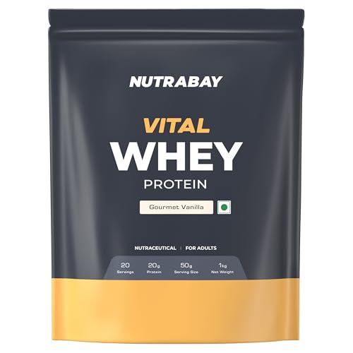 Image of Nutrabay Gold Vital Whey Protein Powder for Beginners with Added Vitamins & Minerals - Muscle Growth & Body Strength - 1kg, Gourmet Vanilla | Easy to Digest | 100% Authentic Imported Clean Protein
