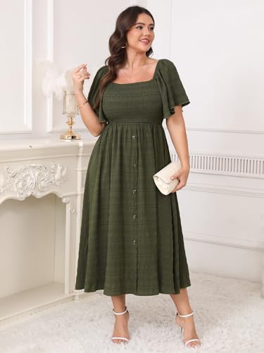 Image of Plus Size Casual Maxi Boho Dress for Curvy Women Short Sleeve Square Neck Smocked Summer Beach Dresses Button Down