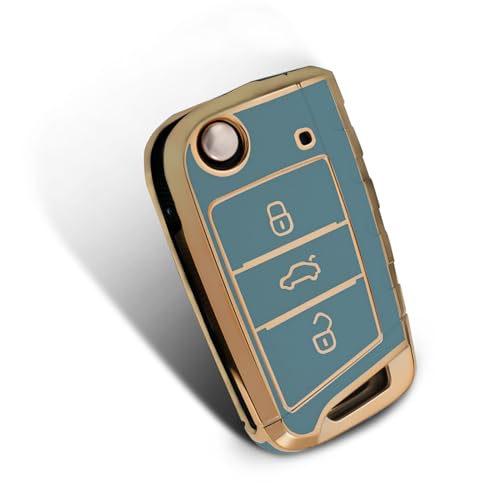 WORCAS Flip Key Fob Case Compatible with VW Golf 7 Mk7 Polo Jetta4 Touran T-ROC Tiguan Seat Leon 3 Ibiza4 5 Toledo4 Arona Ateca Skoda Rapid(Gold-Gray)