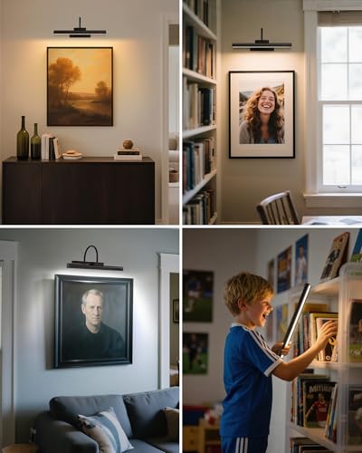 Bridika Picture Light Battery Operated, 19.7in Picture Lights for Wall, 3 Colors & Brightness Dimmable, Rechargeable Art Light for Paintings Photo Dartboard Gallery Bedroom Bathroom Black
