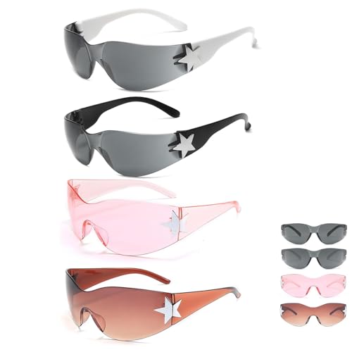 ZPSCXQ 4PCS Sunglasses Y2k, Rimless Wrap Around Sunglasses For Wo...