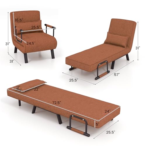 S AFSTAR 4 in 1 Convertible Sofa Chair Bed, Tri-fold Leisure Recliner Sleeper with 6-Position Adjustable Backrest, Pillow & Metal Frame, Folding Chaise Lounge Couch for Apartment, Bedroom (Coffee)