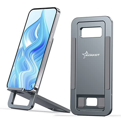 Avakot Cell Phone Stand, Folding Aluminum Mobile Phone Holder Bracket For Desk Portable Travel Holder Office Desk Accessories Compatible With Iphone 14 13 12 11 Pro Max X Xr Samsung S22 S21 A53 | Gray #TOP16
