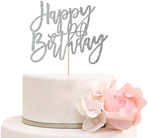 Happy Birthday Cake Topper Birthday Party Decorations Supplies Silver Glitter