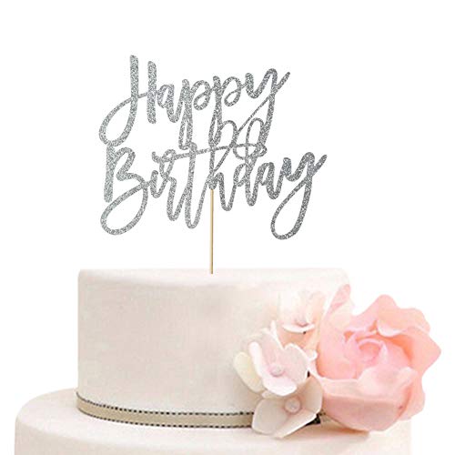 Happy Birthday Cake Topper Birthday Party Decorations Supplies Silver Glitter