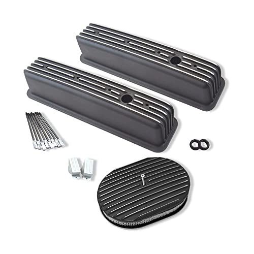 Demotor Performance Black Valve Cover Tall Aluminum Finned Center Bolt Vortec Compatible For Chevy 350 383 & 12" Oval Full Finned Air Cleaner #TOP22