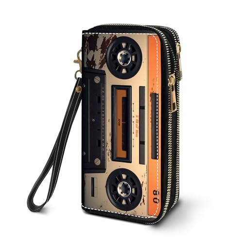 FVAENDHIO Women's Large Capacity Wallet PU Leather Double Zipper Clutch Purse Multifunctional Wallet with Removable Wristlet Strap for Smart Phone/Coin/Card/Cash - Retro Tape Recorder