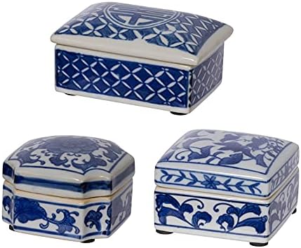 A&B Home Decorative Porcelain Box with Lid Blue and White Set of 3 Glazed Ceramic Hand Painted Jars Centerpiece Asian Decoration