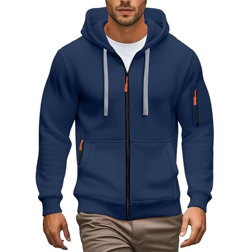 Image of Hoodies For Men Uk Full Zip Hoodie With Contrast Zippers Multi Pocket Breathable Soft Durable Tactical Outdoor Workout Casual Slim Fit Jumper Jacket (Navy, L)