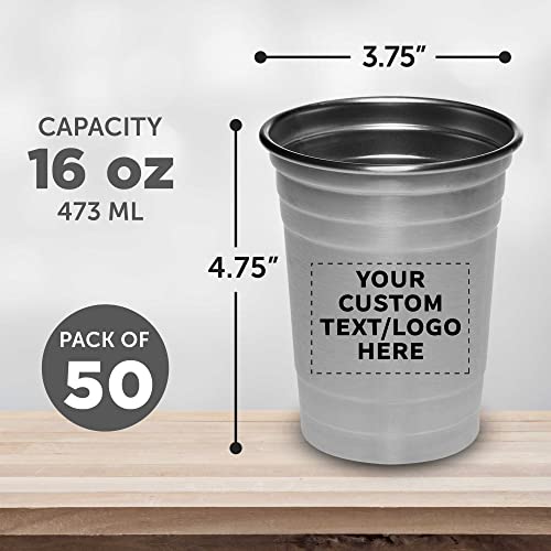 Custom Stainless Steel Beer Cups 16 oz. Set of 50, Personalized Bulk Pack - Perfect for Corporate Parties, Indoor & Outdoor Events - Silver