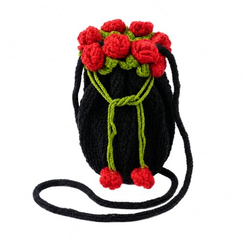 Image of Handmade Crochet Flower Crossbody Sling Bag for Women | Boho Knitted Bucket Shoulder Purse Rose Design