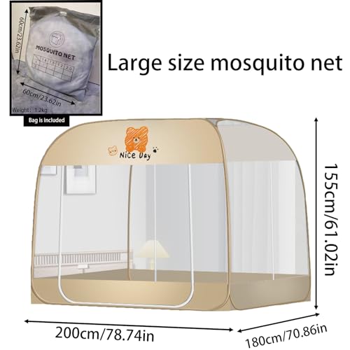 Image of CMINGJ Mosquito Net for Bed, Portable pop up Mosquito Netting with Bottom, Free Installation-Suitable for Bedroom, Camping, Folding Portable Design for Baby Adults (Orange Bear) L79 x W71 x H61