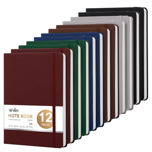 ViVin 12 Pack A5 Hardcover Lined Notebook,192 pg College Ruled 5.5x8.3 | Bulk notebooks for work,office & professional use,Waterproof faux leather,lay-flat elastic closure