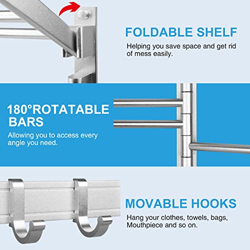 Laundry Clothes Drying Rack, Foldable Wall Mounted Drying Rack, Swivel Towel Rack With 5 Coat Hooks & 7 Swing Arms, Space Aluminum Drying Rack For Laundry Room Organization And Bathroom (Silver 7Rods) #TOP3
